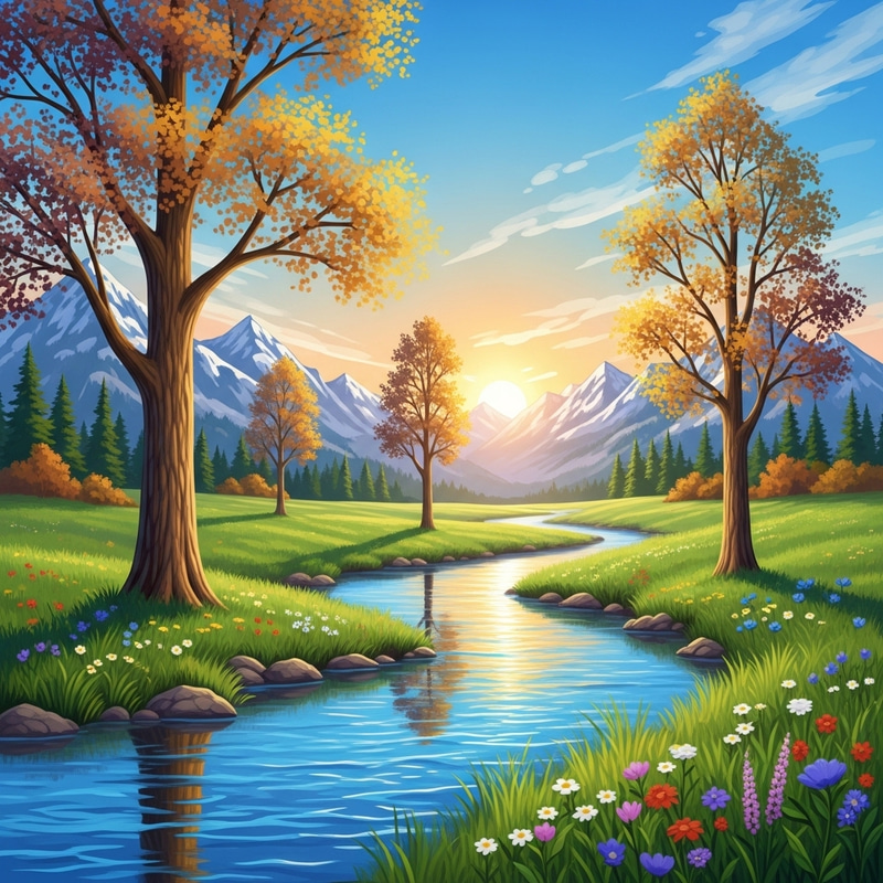 Impressionist Nature Landscape | Sparkling Azure River & Majestic Mountains Impressionist Nature Landscape | Sparkling Azure River & Majestic Mountains