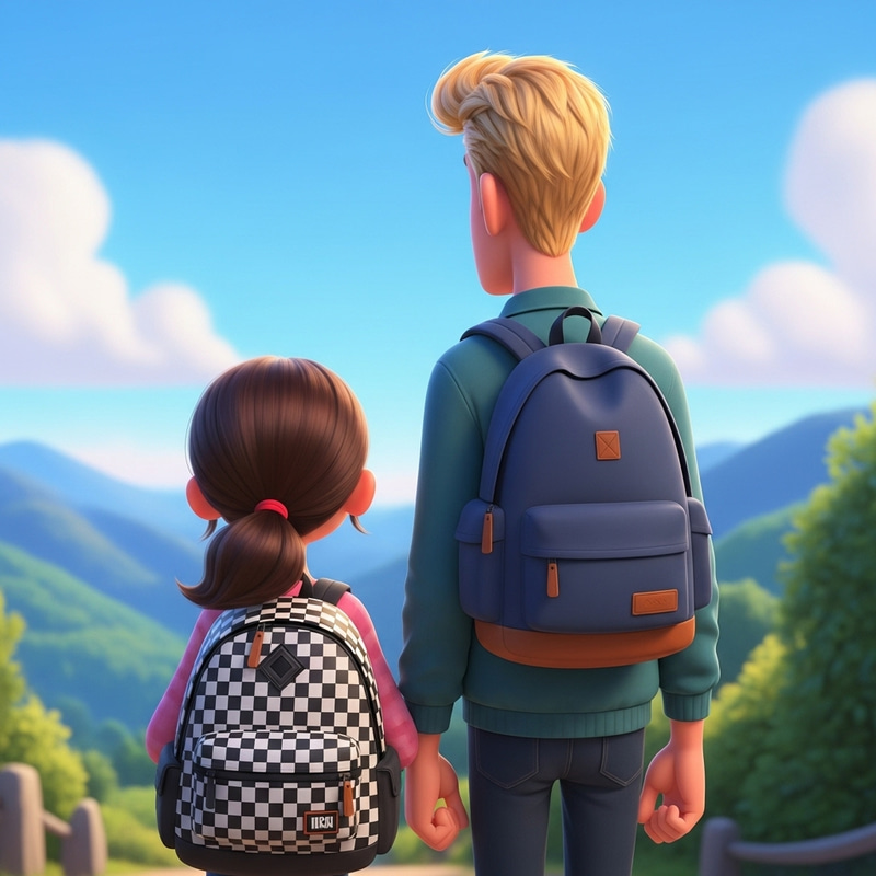 Pixar-Style Animation of Brunette Girl and Tall Blond Boy Backpackers