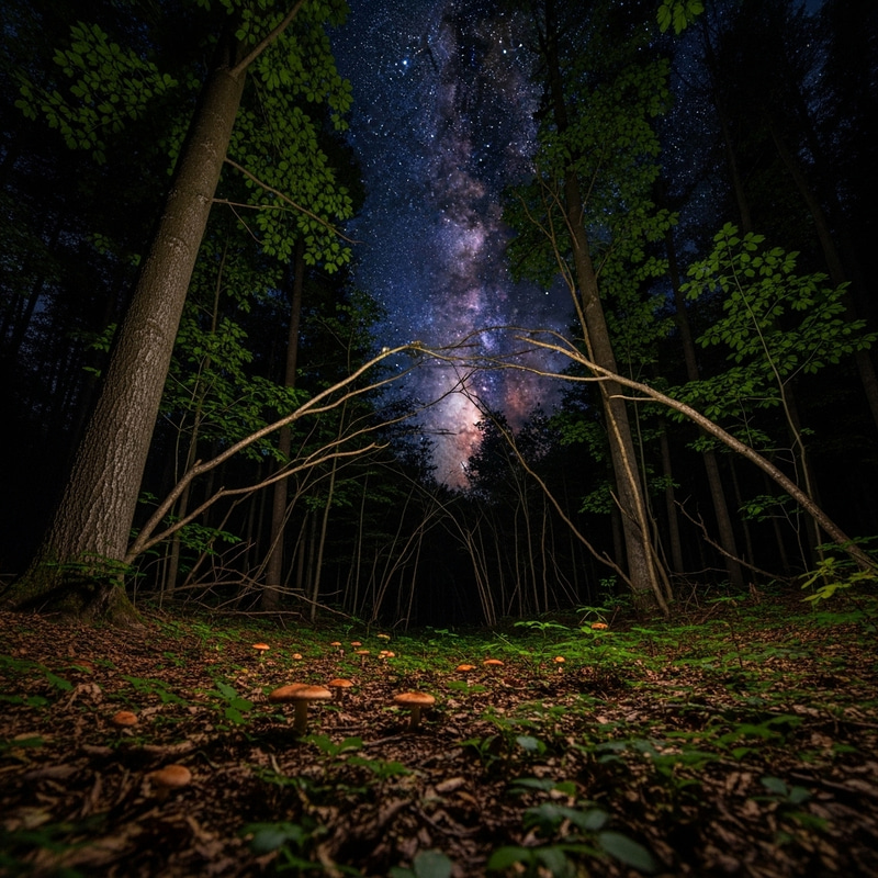 Universe View from Forest Floor: Serene Night Among Majestic Trees Universe View from Forest Floor: Serene Night Among Majestic Trees