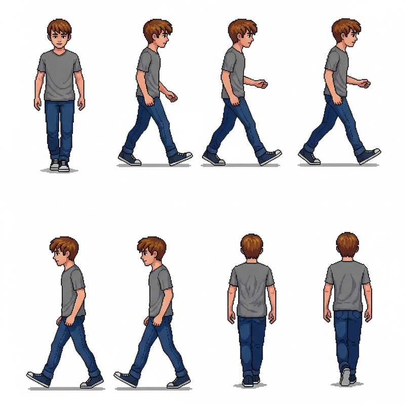 High-Definition Pixel Art Spritesheet of Young Caucasian Male Teenager Walking
