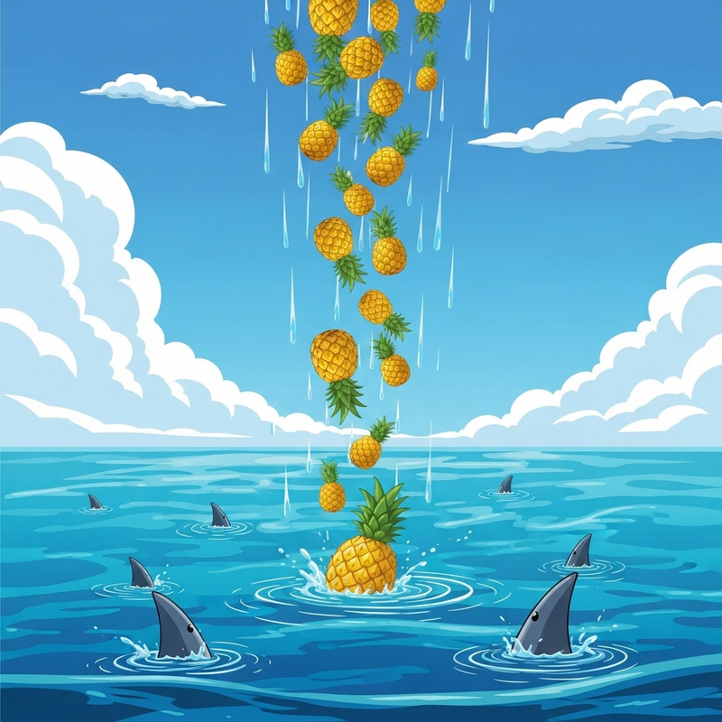 Colorful Pineapple Storm Cartoon with Sharks in Tropical Waters