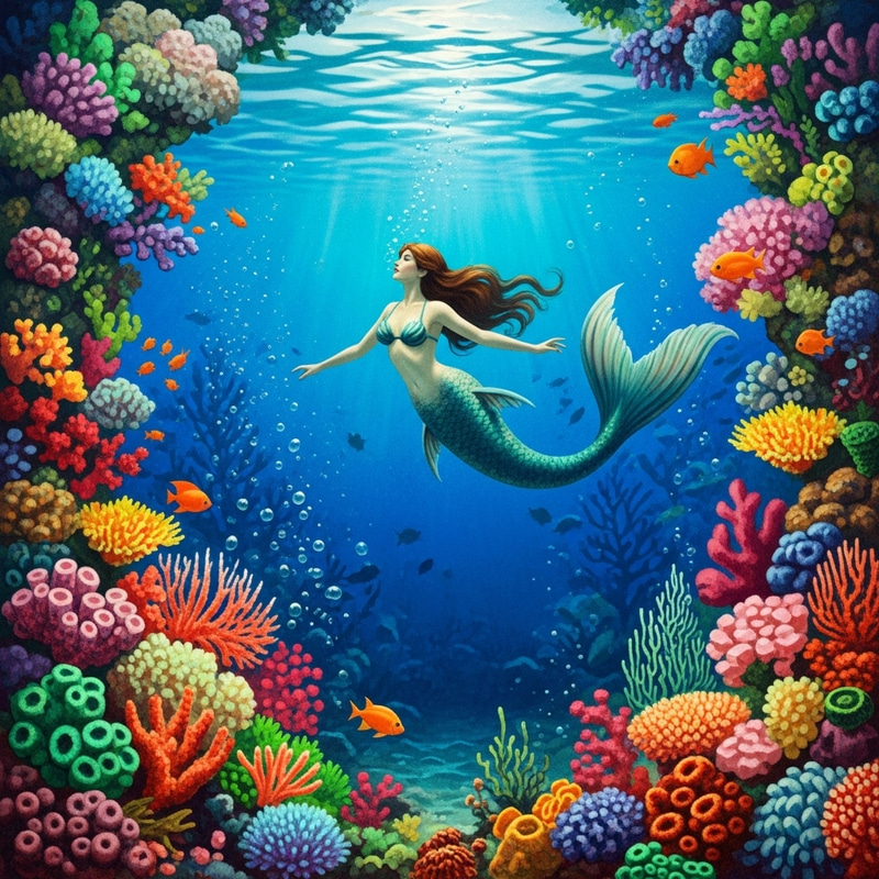 Surreal Underwater Mermaid Art with Colorful Coral Reefs Surreal Underwater Mermaid Art with Colorful Coral Reefs