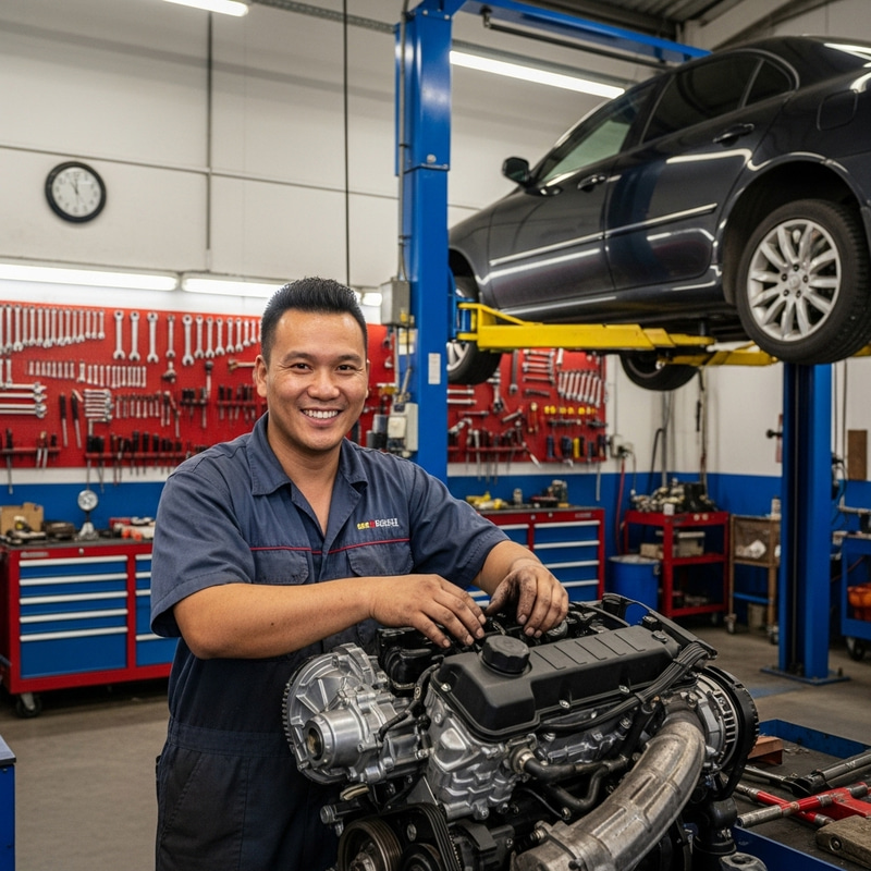 Jovial Asian Male in Busy Car Workshop | Skilled Auto Mechanic Jovial Asian Male in Busy Car Workshop | Skilled Auto Mechanic
