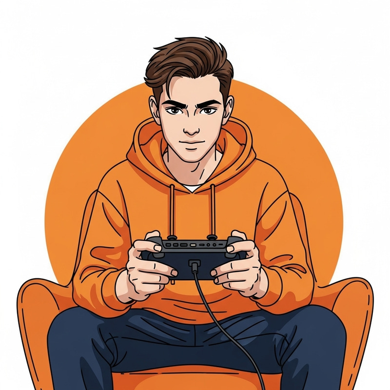Orange-Themed Gamer Boy PNG | Focused Gaming Console Scene Orange-Themed Gamer Boy PNG | Focused Gaming Console Scene