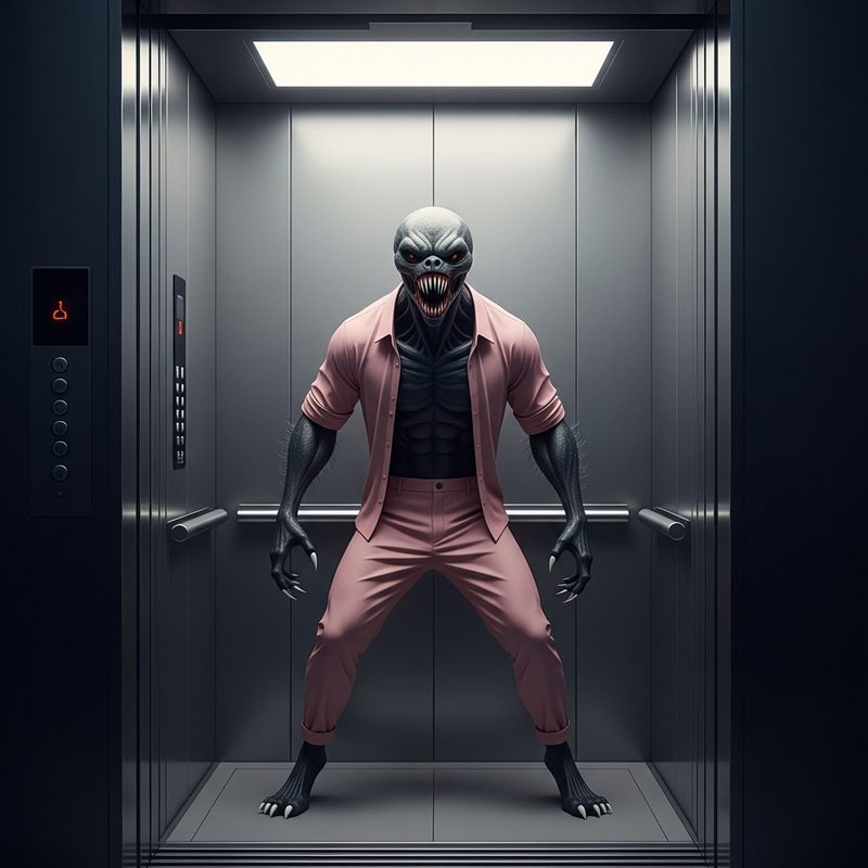 Menacing Extraterrestrial in Elevator with Pink Clothes