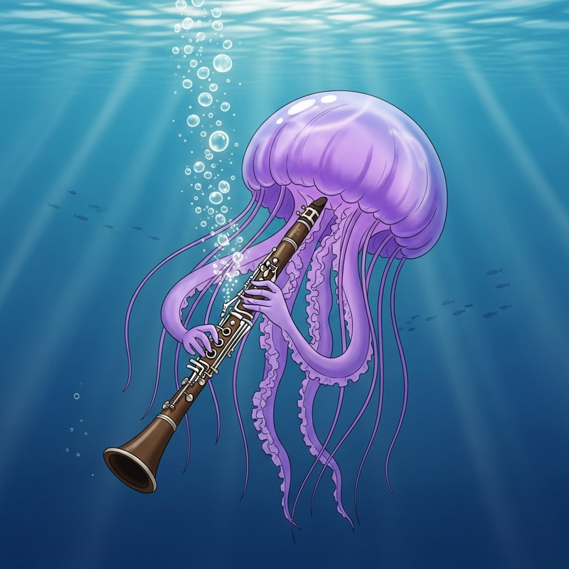 Colorful Jellyfish Playing Clarinet Underwater