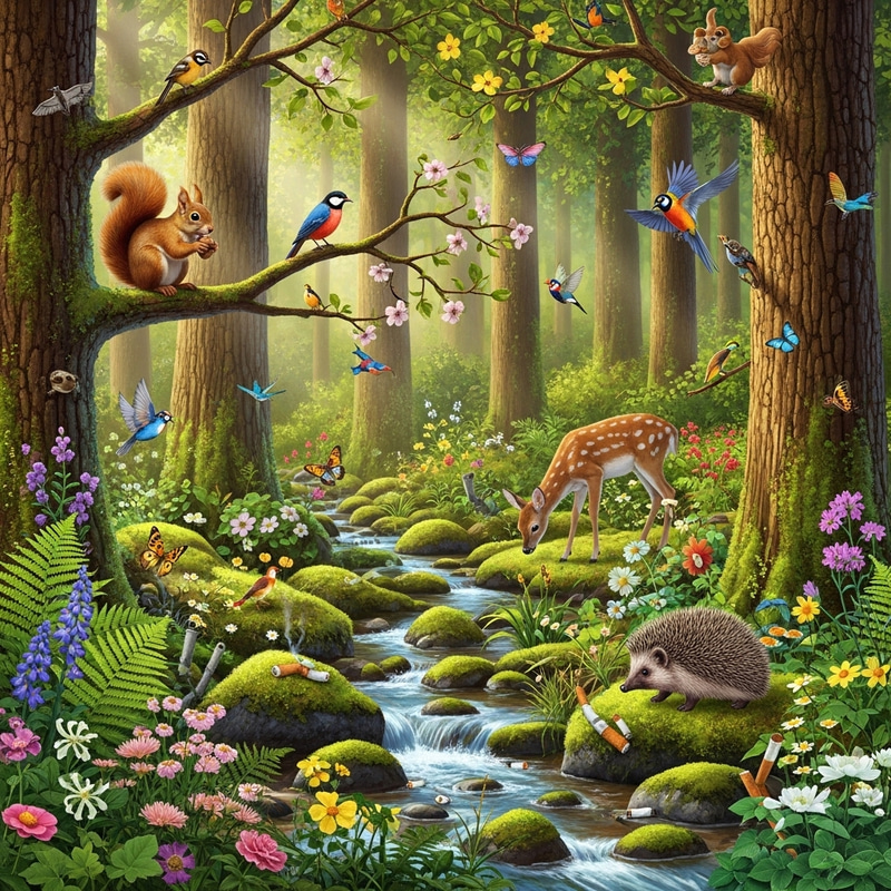 Cute Wildlife in Lush Forest with Diverse Animals and Cigarette Litter
