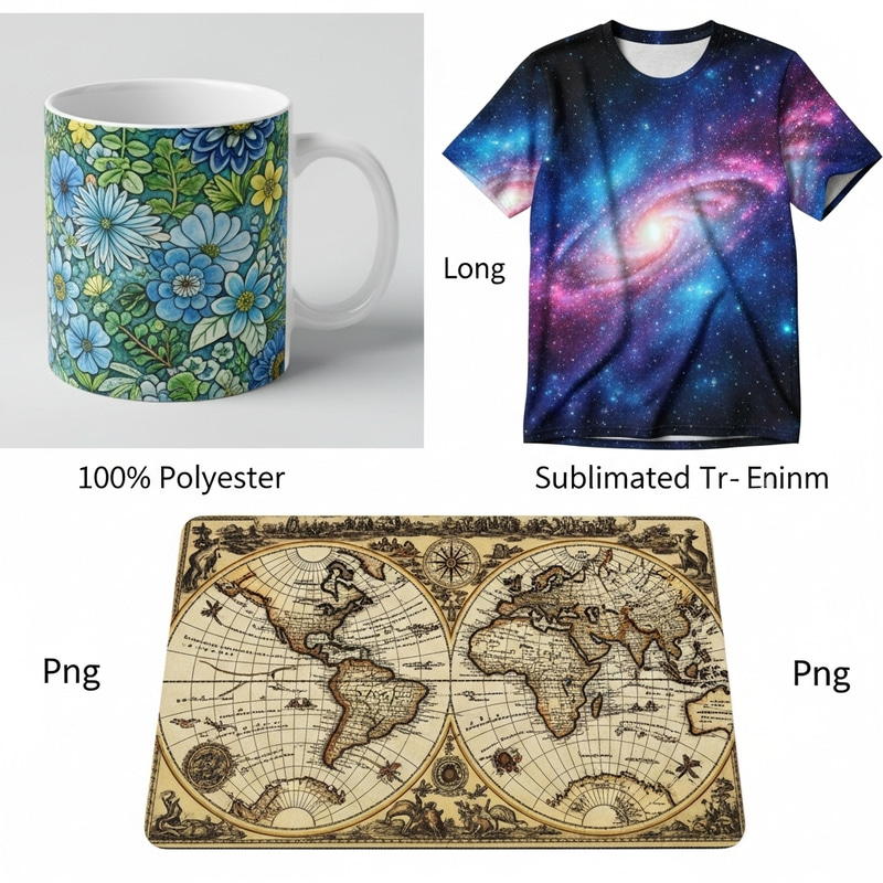 Sublimated Products: Floral Mug, Galaxy T-shirt, Vintage Map Mousepad