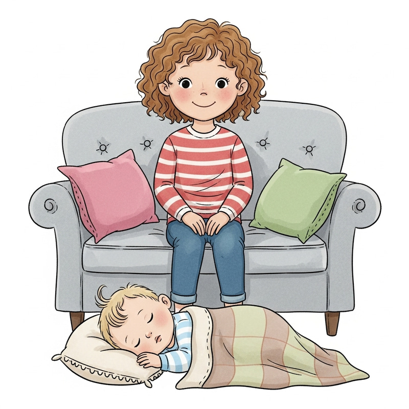 Joyful Sister with Sleeping Baby Boy in Cozy Scene