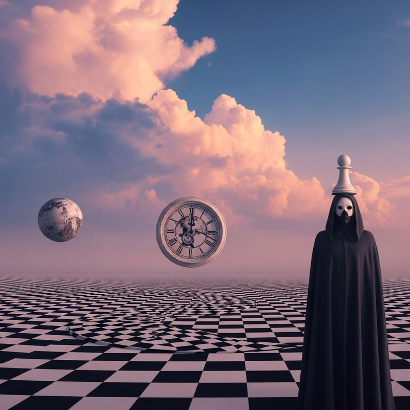 Enigmatic Sky Scene with Twisted Path, Clock Face, and Mystery Figure Enigmatic Sky Scene with Twisted Path, Clock Face, and Mystery Figure