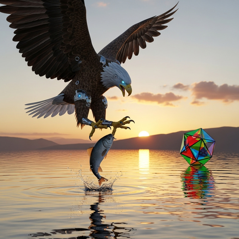 Hyperrealistic Robotic Eagle Swooping to Snatch Fish in Tranquil Lake Waters Hyperrealistic Robotic Eagle Swooping to Snatch Fish in Tranquil Lake Waters