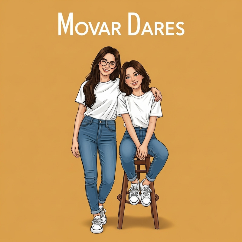 Disney Pixar Cover with Smiling White Girls in White Shirts and Jeans on Mustard Background Disney Pixar Cover with Smiling White Girls in White Shirts and Jeans on Mustard Background