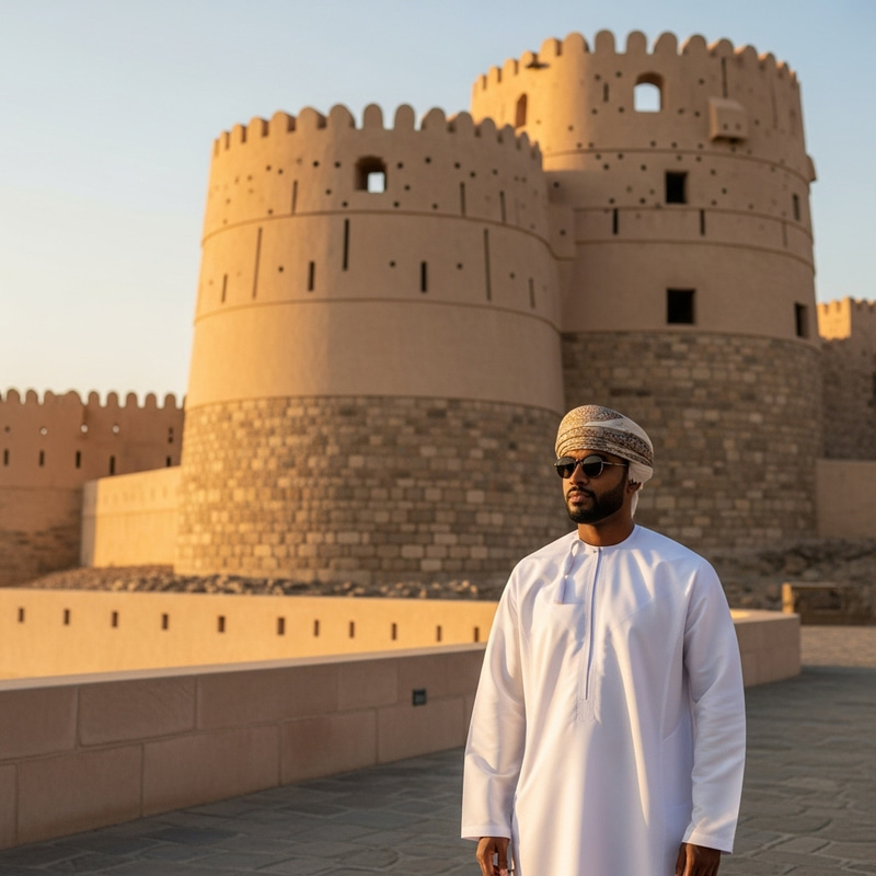 Omani Man in Traditional Attire Standing next to Ancient Fort Omani Man in Traditional Attire Standing next to Ancient Fort