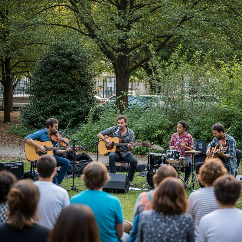 Relaxed Daytime Park Concert: Acoustic Musicians & Vibrant Connection Relaxed Daytime Park Concert: Acoustic Musicians & Vibrant Connection