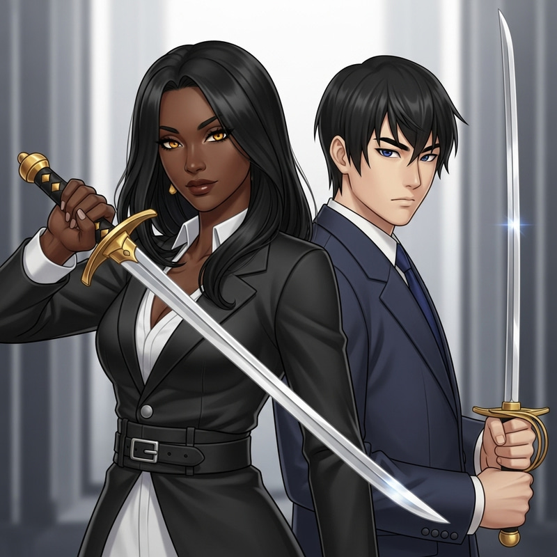 Black Woman and Asian Man with Swords - Partners in Duel Black Woman and Asian Man with Swords - Partners in Duel