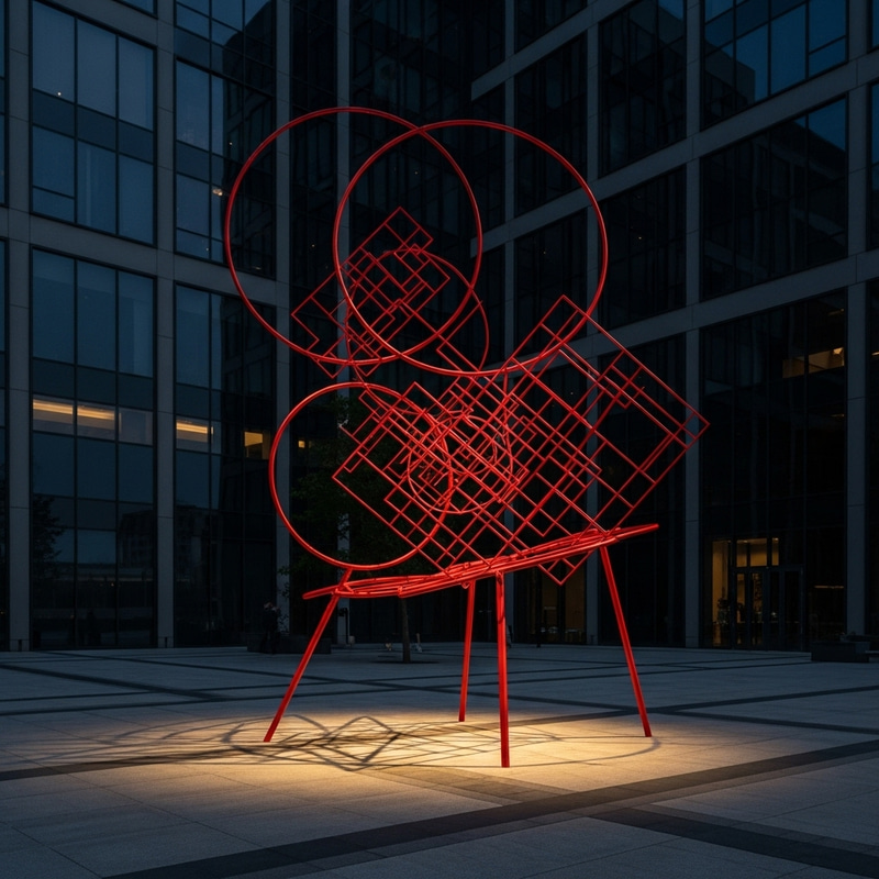 Red Circles and Squares Light Art Sculpture at Business Center Red Circles and Squares Light Art Sculpture at Business Center