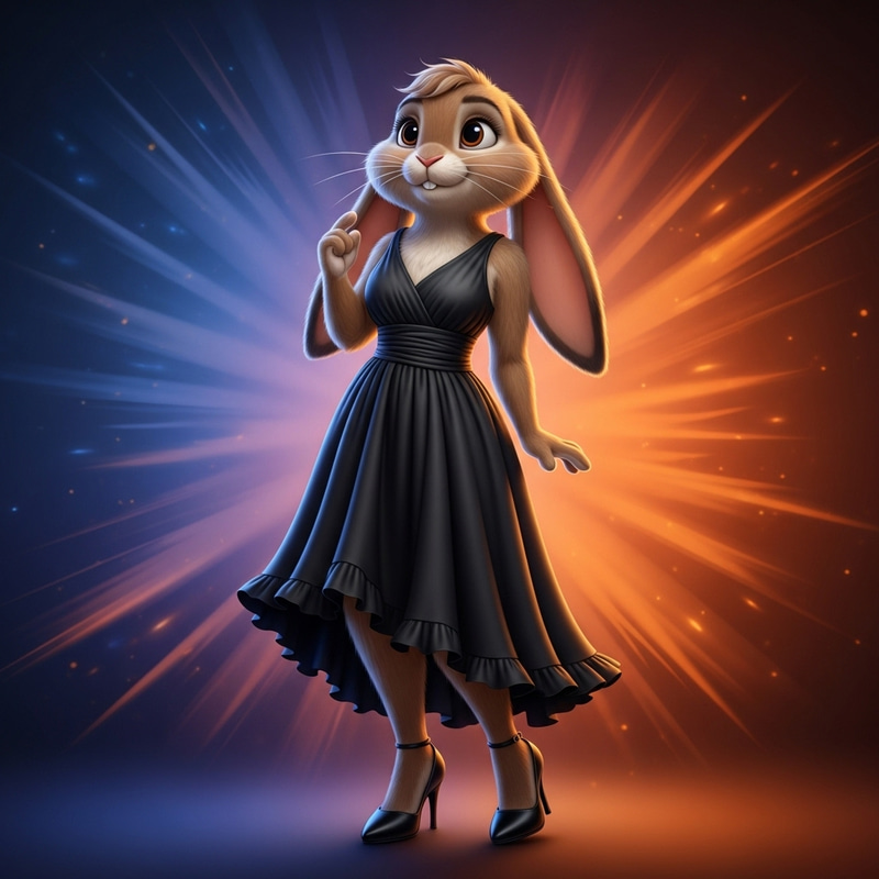 Stylish Bunny in Black Cocktail Dress & High Heels