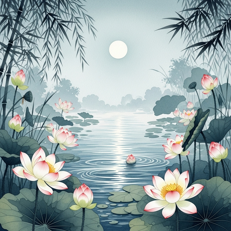Serene Lotus Pond Under Moonlight - Soft Watercolor Painting
