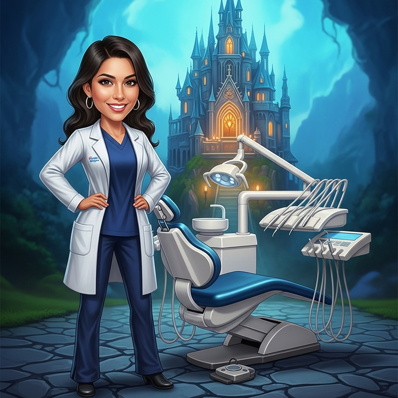 Whimsical Female Dentist with Hogwarts Castle - Magical Dentistry Fantasy Whimsical Female Dentist with Hogwarts Castle - Magical Dentistry Fantasy