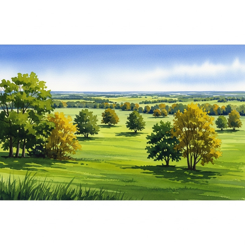 Watercolor Landscape of Green Plain and Trees Watercolor Landscape of Green Plain and Trees