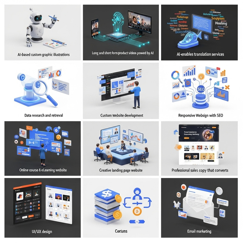 AI Graphic Illustrations | Product Videos | Translation Services | Data Research | Websites | Online Learning