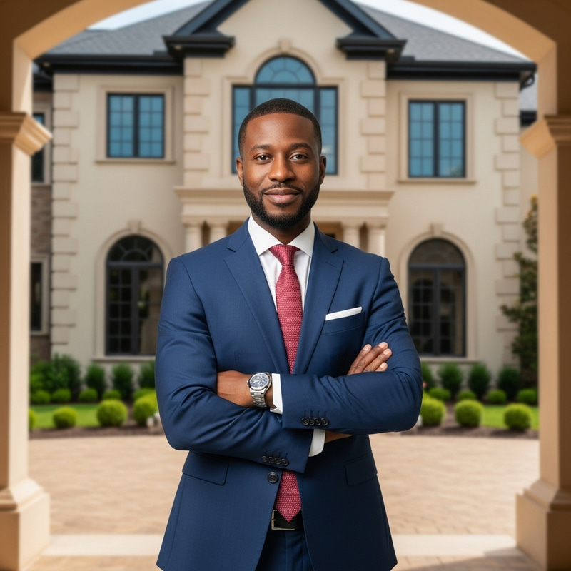 Charismatic Black Real Estate Agent | Exquisite Property Showcase in Modern Studio Setting Charismatic Black Real Estate Agent | Exquisite Property Showcase in Modern Studio Setting