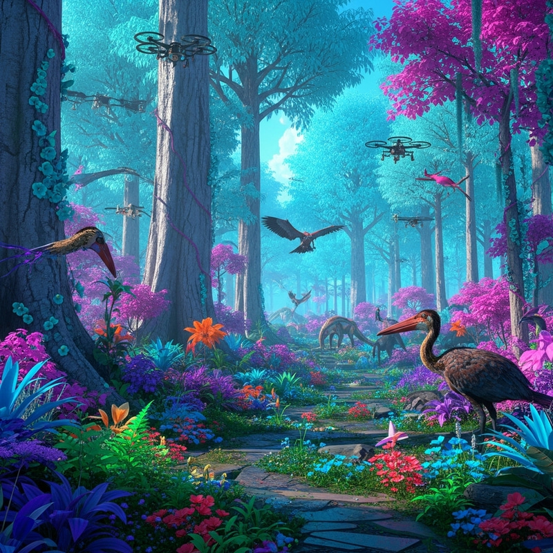 Futuristic Neon Rainforest: Hybrid Wildlife & Vibrant Flora