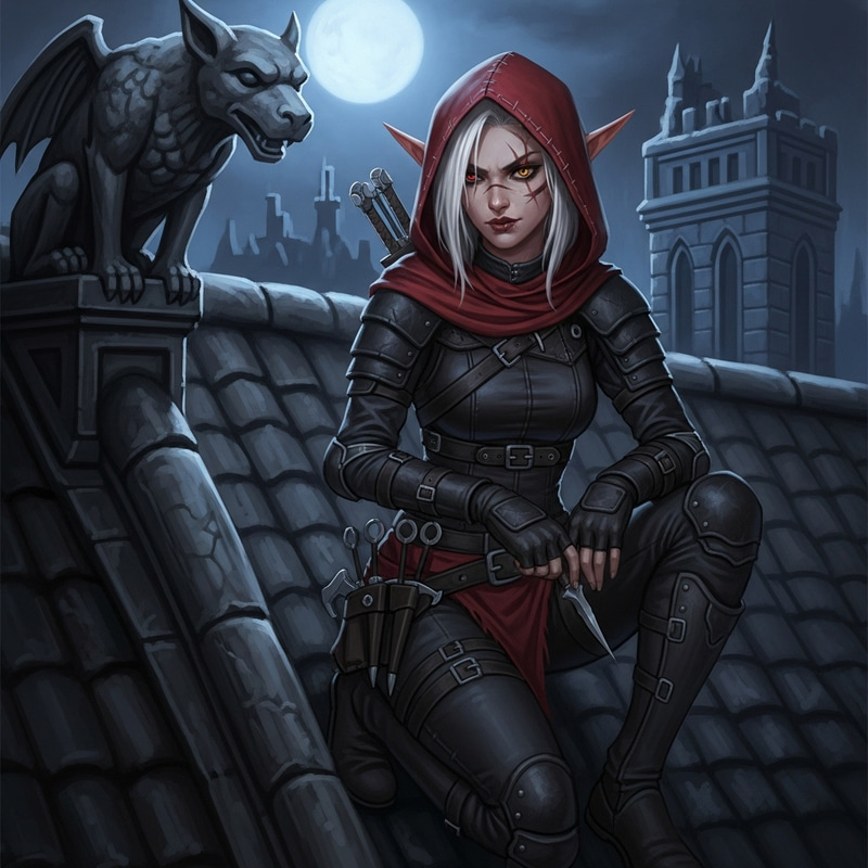 Half-Elf Rogue in Moonlit Cityscape | Concept Art Style