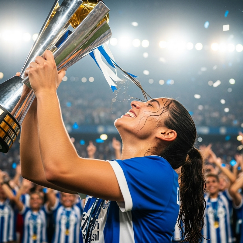 Hispanic Woman hoisting the cup in triumph Hispanic Woman hoisting the cup in triumph