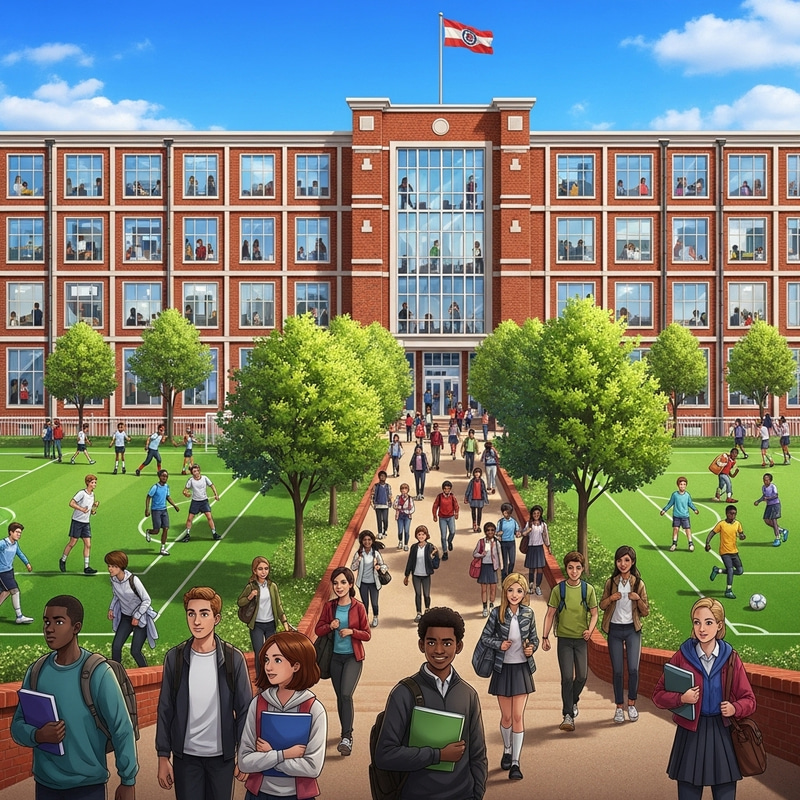 Detailed School Environment with Diverse Students | Red Brick Building Detailed School Environment with Diverse Students | Red Brick Building