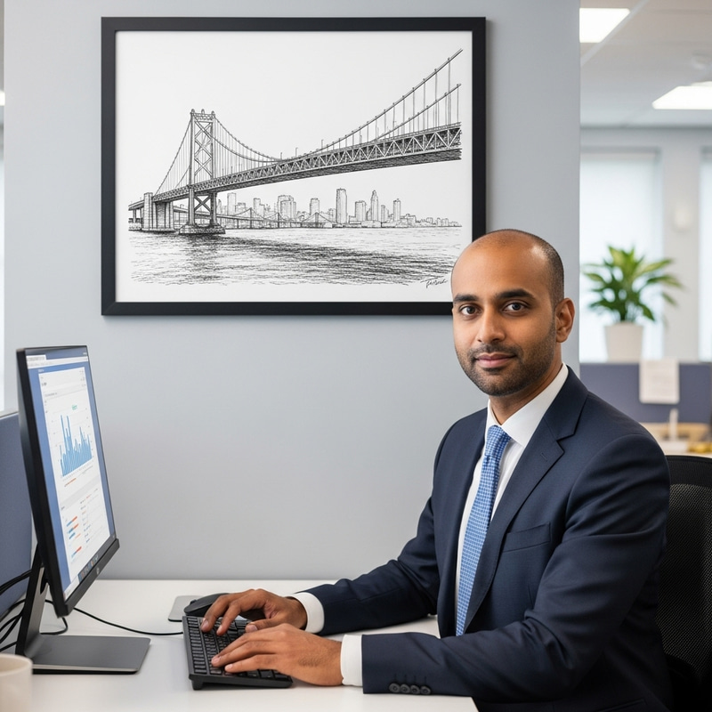 Middle-aged Man in Suit at Computer with Bridge Drawing in Office Middle-aged Man in Suit at Computer with Bridge Drawing in Office
