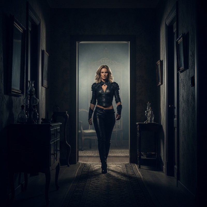 Seductive Woman in Black Leather Bikini Walking to Dungeon