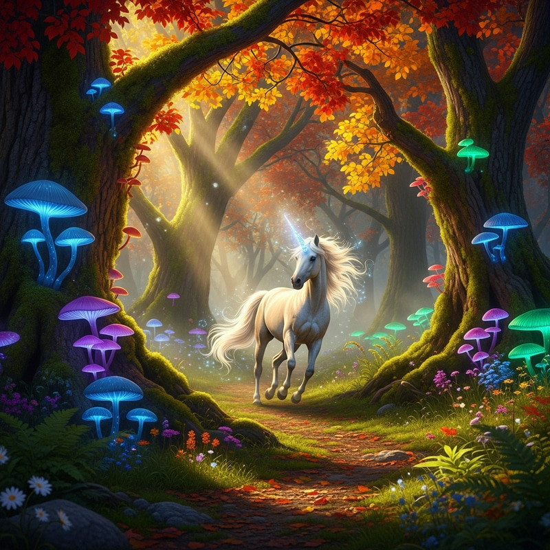 Mystical Forest with Galloping Unicorn | Vibrant Fantasy Mystical Forest with Galloping Unicorn | Vibrant Fantasy