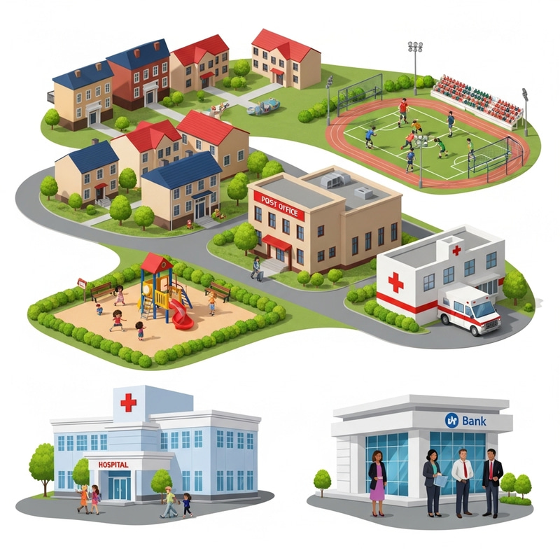 Diverse Town Planning: Residential Buildings, School, Post Office, Hospital, Stadium & Bank Diverse Town Planning: Residential Buildings, School, Post Office, Hospital, Stadium & Bank
