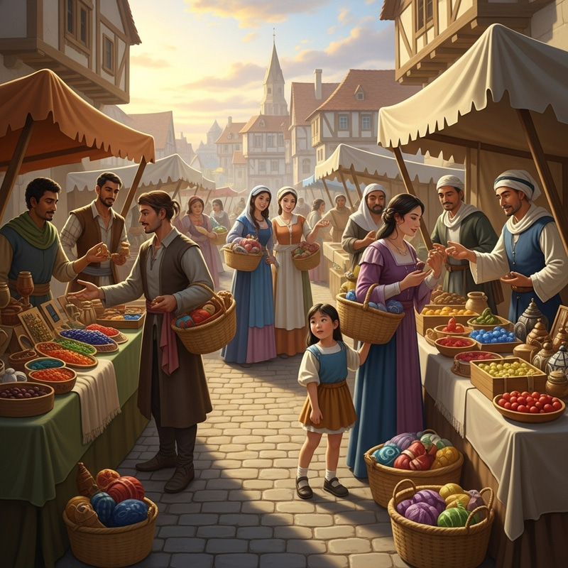 Lively Medieval Trading Scene in a Diverse Marketplace Lively Medieval Trading Scene in a Diverse Marketplace