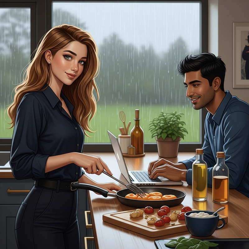 Elegant Teenage Beauty Cooking in Country Mansion Kitchen