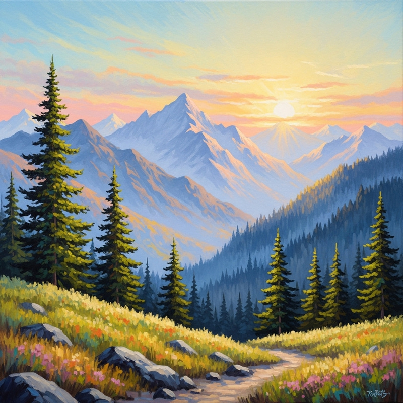 Exquisite Serene Mountain Landscape at Sunrise - Vibrant Pastel Beauty Exquisite Serene Mountain Landscape at Sunrise - Vibrant Pastel Beauty