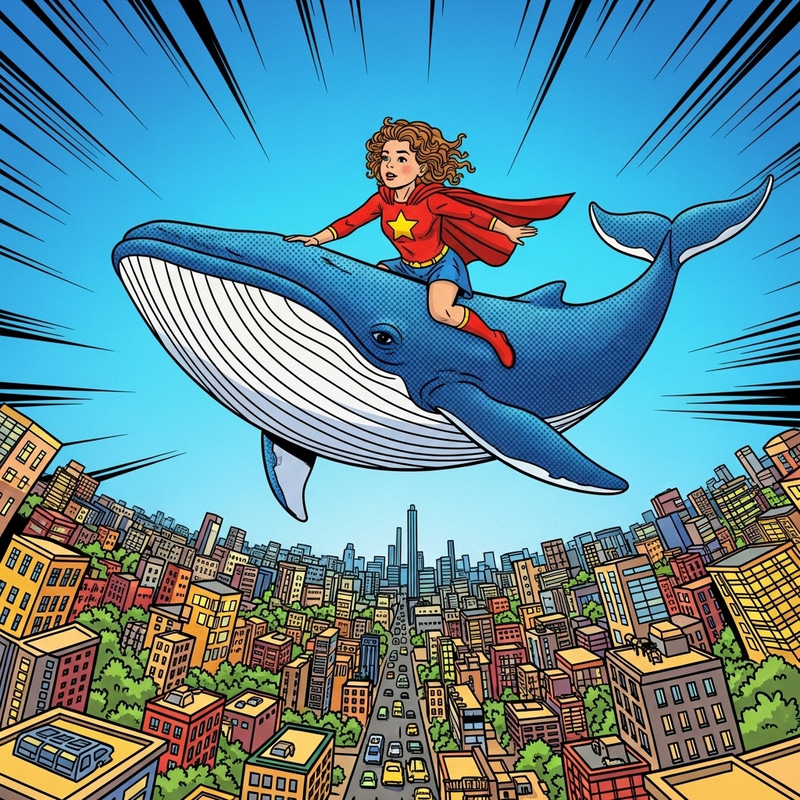 Curly-Haired Girl Soaring on Delightful Whale Above City