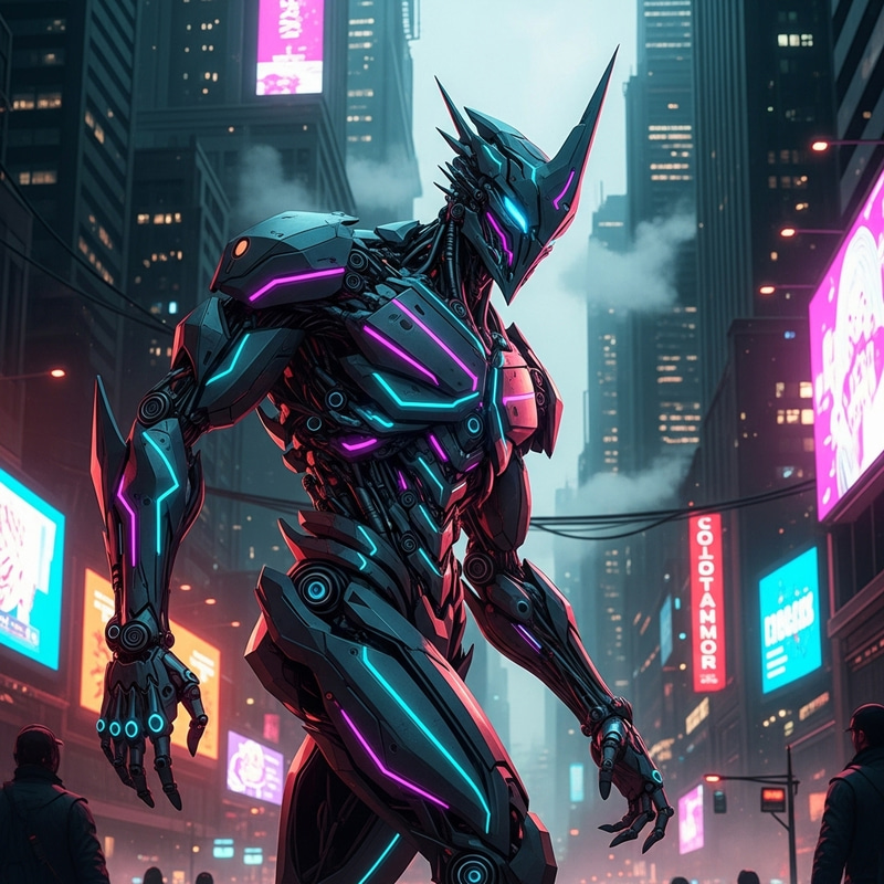Cyberpunk Robot in Dystopian Metropolis Cyberpunk Robot in Dystopian Metropolis