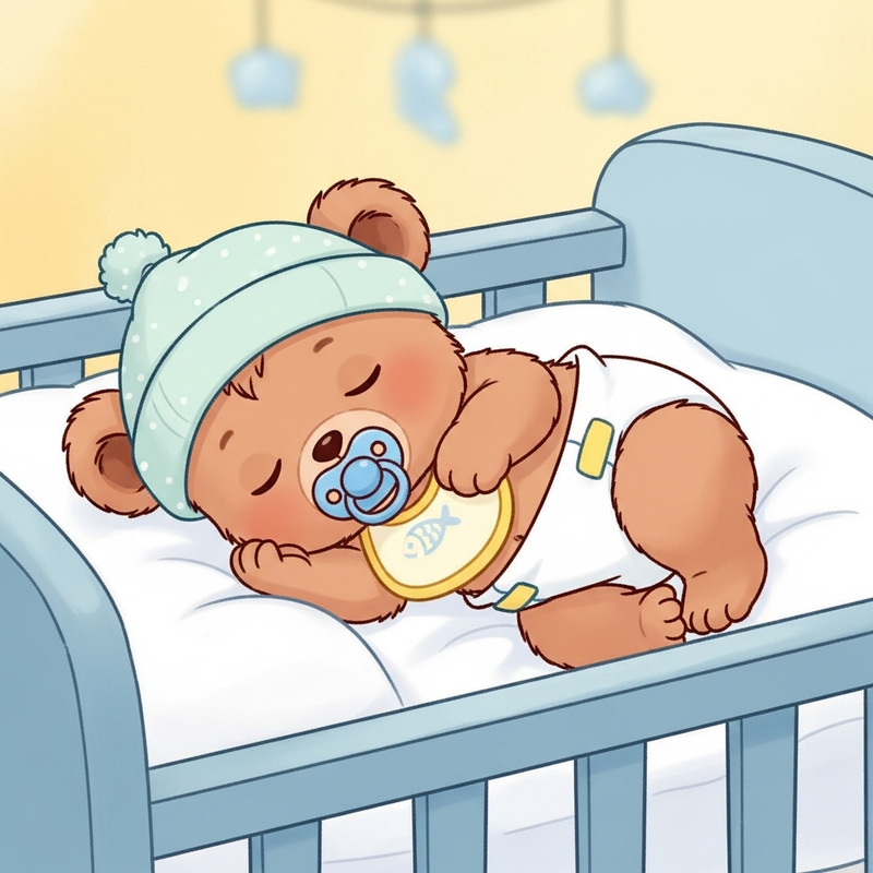 Cute Baby Bear in Diaper Sleeping with Bib and Cap
