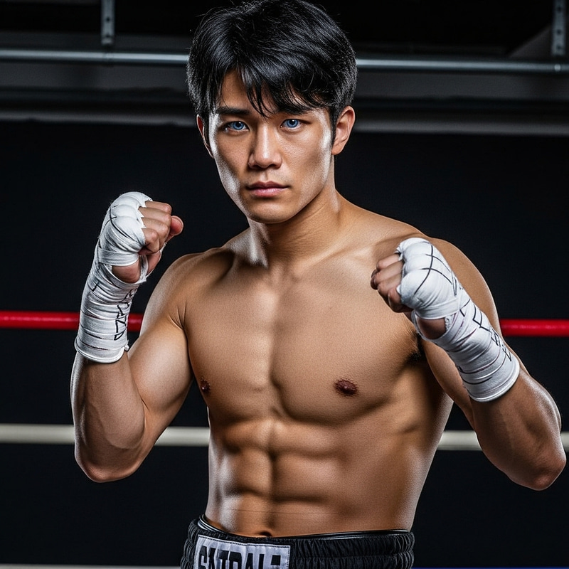 East Asian Professional Boxer with Blue Eyes and Muscular Build East Asian Professional Boxer with Blue Eyes and Muscular Build