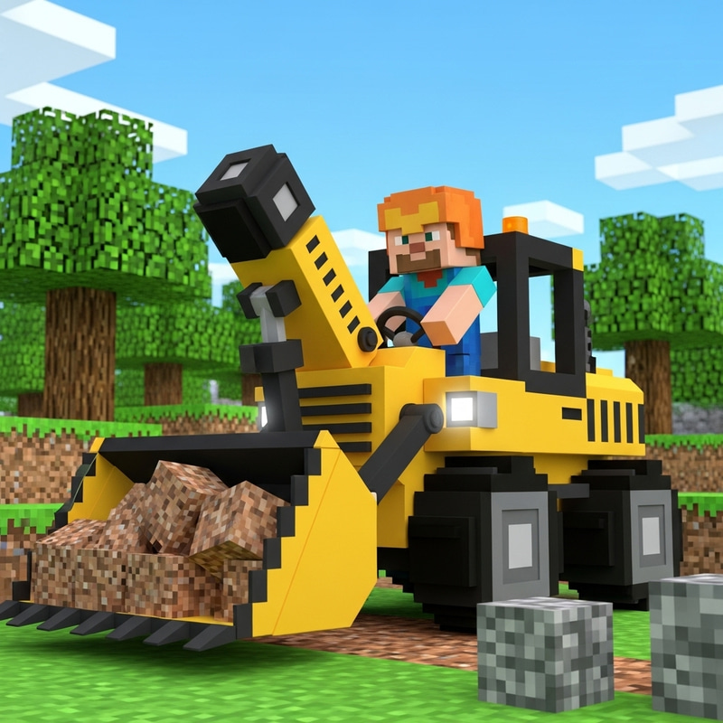 Minecraft Digger: Stunning 3D Illustration of Steve Operating Pixelated Digger Minecraft Digger: Stunning 3D Illustration of Steve Operating Pixelated Digger