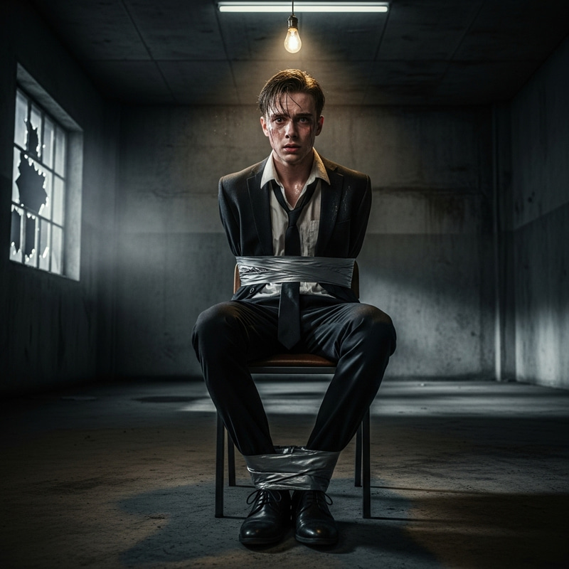 Distressed 18-Year-Old Boy in Suit, Immobilized & Bound