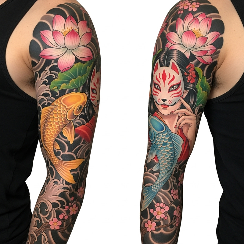 Colorful Full-Arm Sleeve Tattoo Design