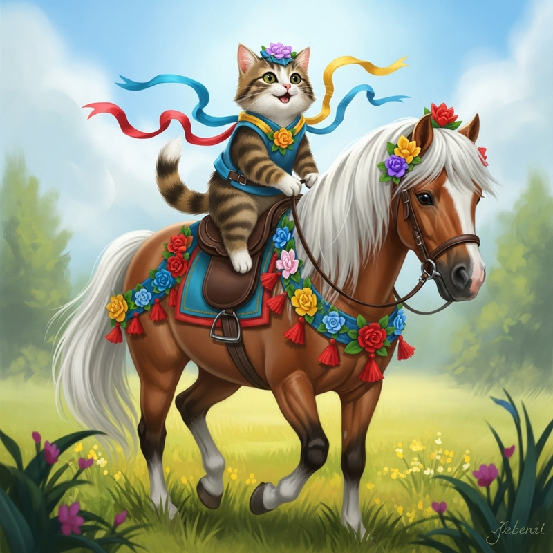 Whimsical Cat and Pony Fantasy Journey with Vibrant Hues