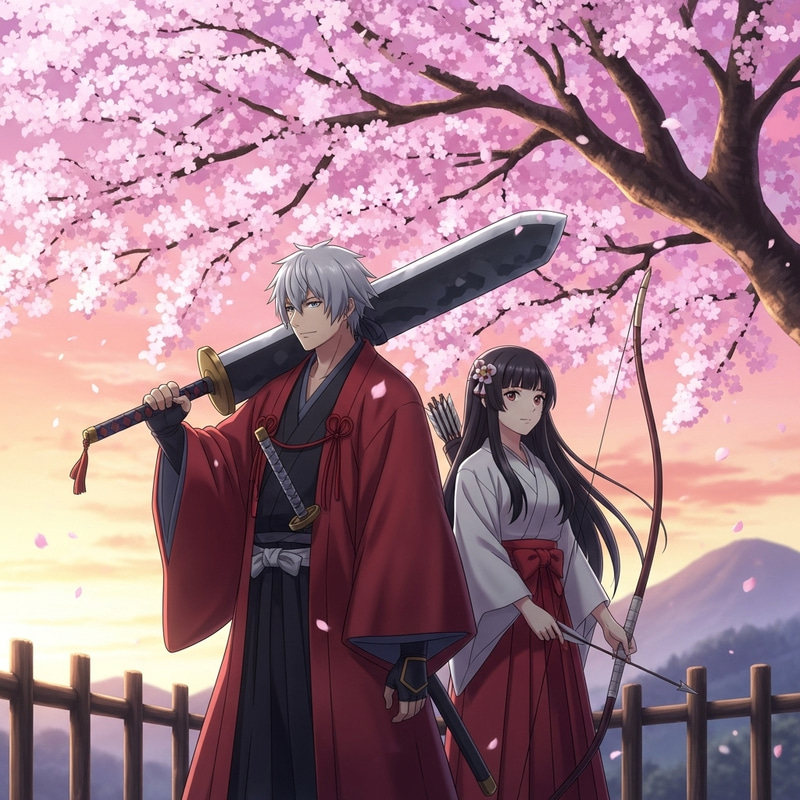 Inuyasha and Kikyo: Traditional Japanese Couple in Romantic Cherry Blossom Scene Inuyasha and Kikyo: Traditional Japanese Couple in Romantic Cherry Blossom Scene