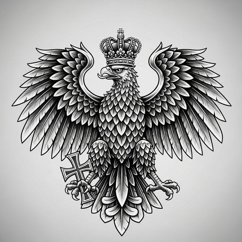 Polish Eagle Tattoo Design with Crown, Cross & Authority Symbolism