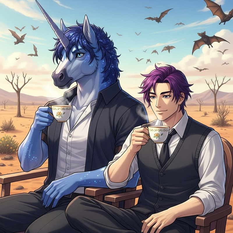 Mystical Unicorn & Japanese Man in Apocalyptic Setting Mystical Unicorn & Japanese Man in Apocalyptic Setting