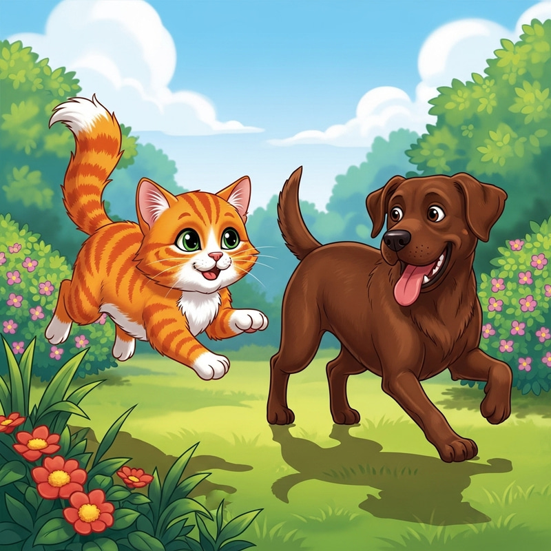 Fun Cat and Dog Play Scene | Garden Playful Characters Fun Cat and Dog Play Scene | Garden Playful Characters