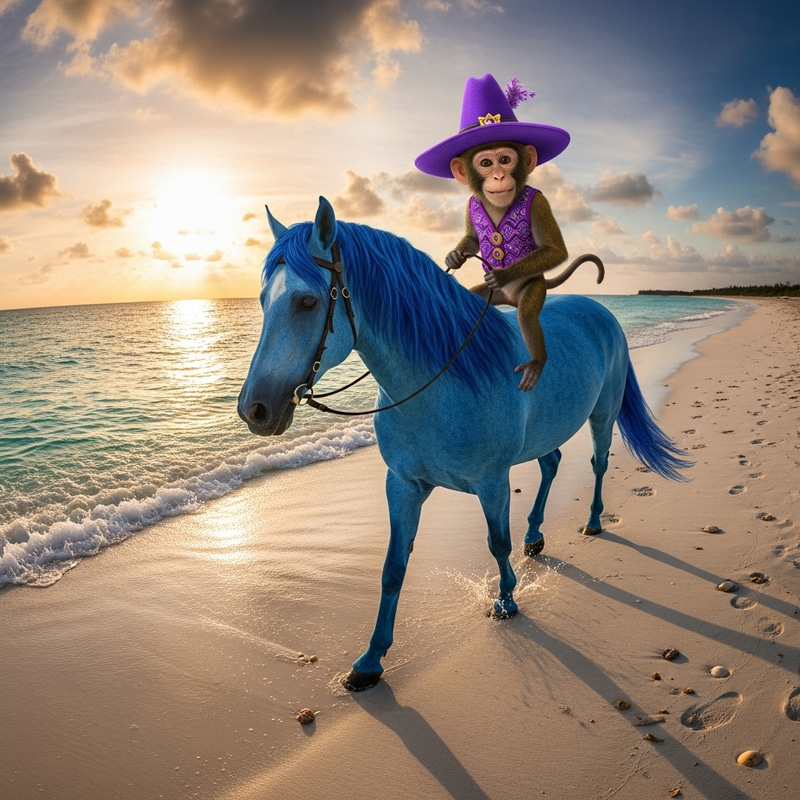 Draw Monkey with Purple Hat Riding Blue Horse on White Sand Beach Draw Monkey with Purple Hat Riding Blue Horse on White Sand Beach